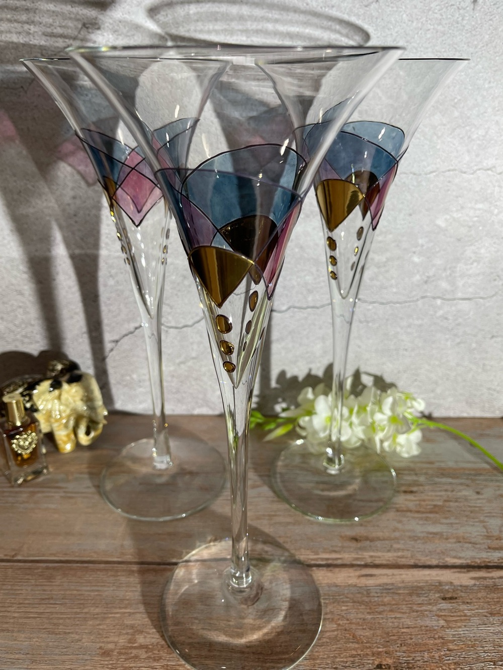 Set Of 3 Luminescence Flute Cocktail Handcrafted Romania Hand Blown Glasses